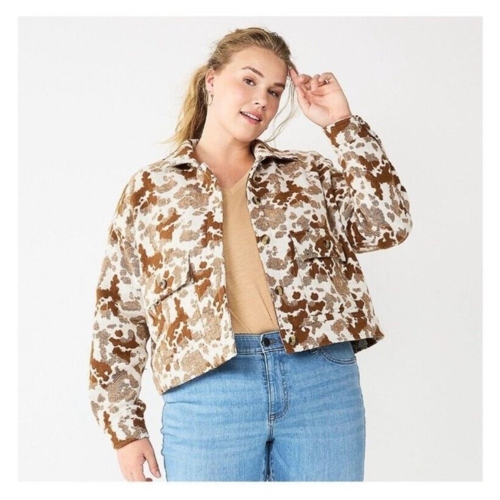 NWT Sonoma Cow Print Jacquard Button Up Shacket Sizes 4X Brown Ivory